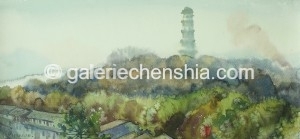 Bai Tongxu  白统绪  Ancient Pagoda at Shaoxing  绍兴古塔    Watercolor on Paper  纸本水彩   1981年   52.6 x 24.8 cm_副本