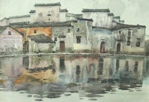 Bai Tongxu  白统绪 Hongcun Moon Lake  宏村月湖    Watercolor on Paper  纸本水彩    1992年   39.4 x 55.4 cm_副本