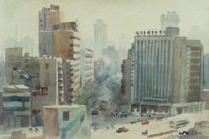Bai Tongxu  白统绪  Jianghan Road North in Distance  远望江汉北路     Watercolor on Paper  纸本水彩   1994年   28.9 x 42.2 cm_副本