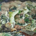 Bai Tongxu  白统绪  Mills in Jiuzhai  九寨磨坊     Watercolor on Paper  纸本水彩   1984年   39.2 x 54.4 cm_副本