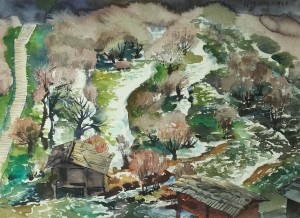 Bai Tongxu  白统绪  Mills in Jiuzhai  九寨磨坊     Watercolor on Paper  纸本水彩   1984年   39.2 x 54.4 cm_副本