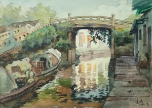 Bai Tongxu  白统绪  Shaoxing Bazi Bridge  绍兴八字桥    Watercolor on Paper  纸本水彩   1994年   39.5 x 54.5 cm_副本