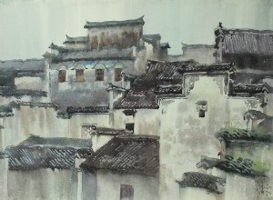 Bai Tongxu  白统绪  The Rain of Hongcun  宏村雨意    Watercolor on Paper   纸本水彩   1992年   39.8 x 54.5 cm_副本