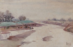 Bai Tongxu 白统绪，A Group of Cattle Along the Riverbank 河滩牛群,Watercolor on Paper 纸本水彩，18.8 x 29 cm, 1958_副本