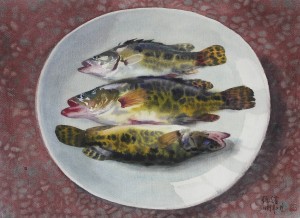 Bai Tongxu 白统绪，Honghu Mandarin Fish 洪湖鳜鱼，Watercolor on Paper 纸本水彩，38.5 x 83 cm, 1999_副本