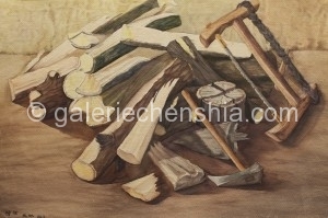 Li Maolin 李茂林，Chop Firewood 劈柴，Watercolor on Paper 纸本水彩，46 x 71 cm, 1996_副本